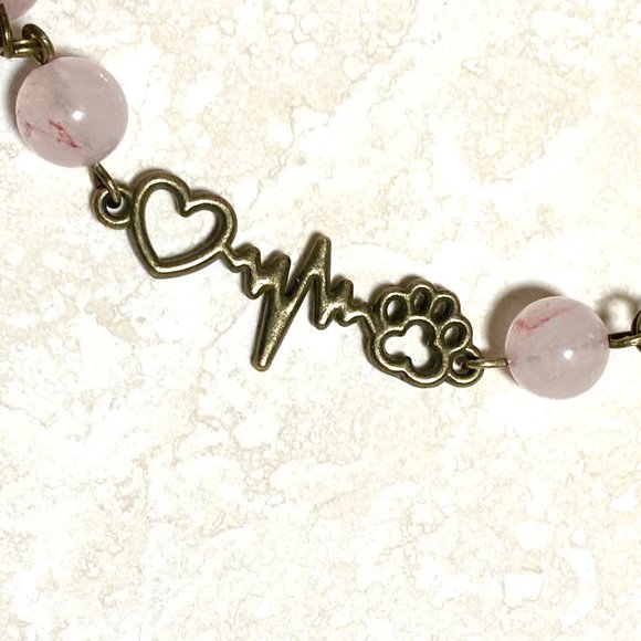 Natural Pink Rose Quartz Necklace, Bronze Paw Print Heart Beat+ Genuine Gemstone - Picture 7 of 14